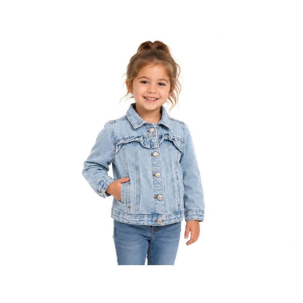 MNG Denim Jacket Girls 3-4 Light Blue Ruffle Front Button Up Cotton Coat Layer